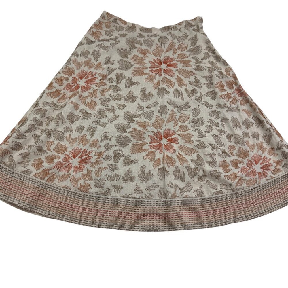 Coldwater Creek Linen Blend Heavily Embroidered Boho A-Line Midi Skirt Women's L